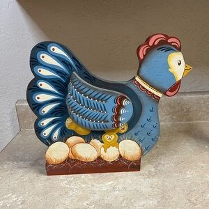 Vintage Hand-Painted Blue Hen Figurine with Chicks - Home Accent